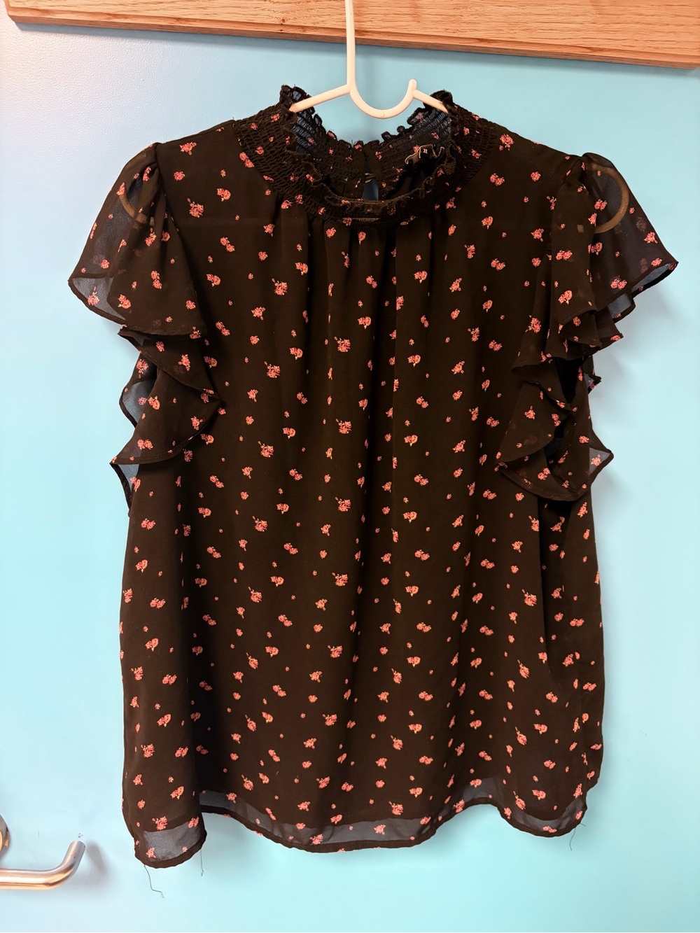 1. State Black Blouse with Pink Floral Ruffles